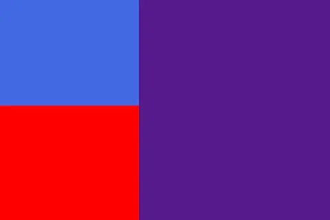 Abstrakte Komposition: Ein leuchtendes Rot und ein kräftiges Blau bilden zwei Quadrate nebeneinander. Daneben ein großes, dunkles Violett, das die Farben zu mischen scheint.