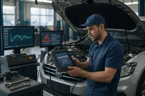 Mécanicien utilisant une tablette pour diagnostiquer une voiture. L'écran affiche des données et un symbole d'alerte, suggérant comment décrasser une voiture.