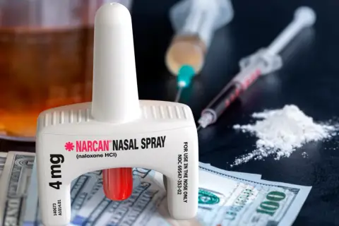 Nasalny spray nalokson, strzykawki i biały proszek na tle banknotów.