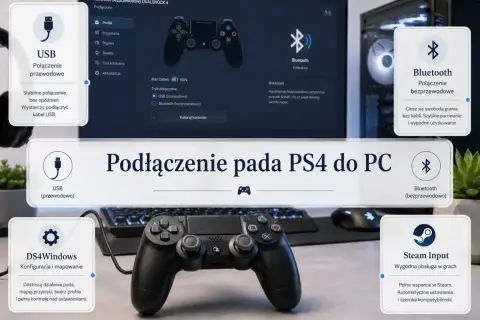 Jak podłączyć pada do laptopa przez bluetooth? Instrukcja pokazuje połączenie USB i bezprzewodowe, konfigurację DS4Windows i Steam Input.