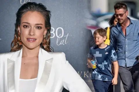 Alicja Bachleda-Curuś w białej marynarce, obok jej partner i syn.