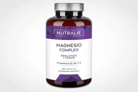 Bote de suplemento "Magnesio Complex" de Nutralie, con bisglicinato de magnesio vs citrato de magnesio y vitaminas B5, B6, C.