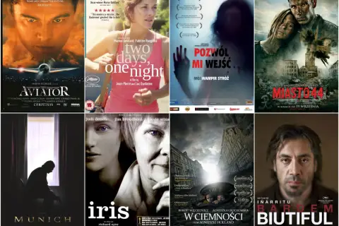 Kolaż plakatów filmowych: "Aviator", "Dwa dni, jedna noc", "Pozwól mi wejść", "Miasto 44", "Monachium", "Iris", "W ciemności", "Biutiful". Bardzo dobry film to "Miasto 44".
