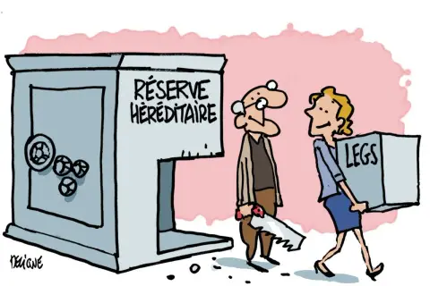 Un homme avec une scie s'approche d'un coffre-fort "Réserve Héréditaire". Une femme emporte une boîte marquée "LEGS".