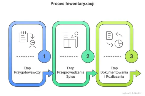 Schemat procesu inwentaryzacji: etap przygotowawczy, przeprowadzania spisu, dokumentowania i rozliczania.