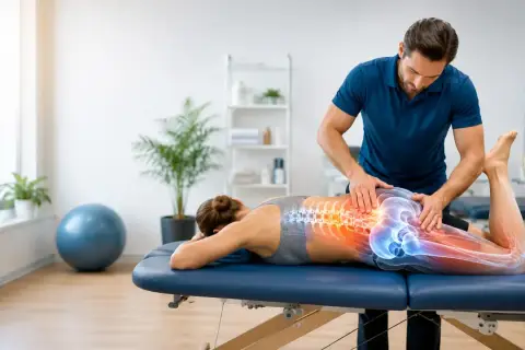 Fizjoterapeuta wykonuje terapię manualną kręgosłupa i biodra pacjentki, ukazując ból w tych obszarach.