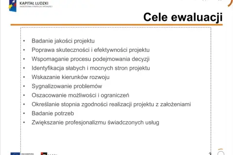 Cele ewaluacji: badanie jakości, poprawa skuteczności, wsparcie decyzji, identyfikacja mocnych i słabych stron, wskazanie kierunków rozwoju, sygnalizowanie problemów, badanie potrzeb.