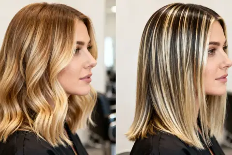 Dos looks de cabello: uno con ondas rubias y otro liso con balayage caramelo y mechas marcadas.