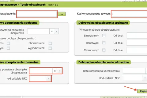 Formularz zgłoszeniowy do ZUS. Wpisz kod tytułu ubezpieczenia i zawodu, zaznacz rodzaje ubezpieczeń. Zapisz lub anuluj.
