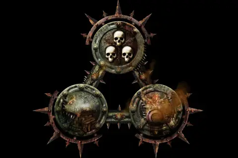 Mroczny symbol z trzema czaszkami, mózgiem i bestią, otoczony zardzewiałymi kolcami. Harbinger of decay.