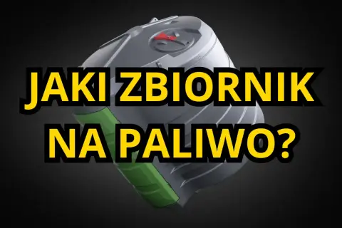 Szary karnister z zielonymi elementami i żółtym napisem "JAKI ZBIORNIK NA PALIWO?".