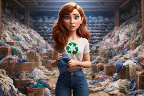Chica con camiseta de reciclaje rodeada de montañas de ropa, un reflejo del impacto del fast fashion.