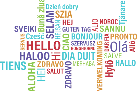 Witaj w świecie! Kolorowe słowa powitania, w tym polskie "Dzień dobry", tworzą mozaikę języków.