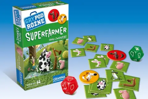 Super Farmer: zasady gry towarzyskiej z uroczymi zwierzątkami. Plansza, kostki i żetony z farmą.