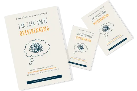 Okładki książek z poradami psychologa: "Jak zatrzymać overthinking". Grafika przedstawia kłębek myśli w chmurce.