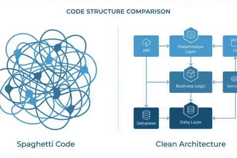 Porównanie struktury kodu: spaghetti code (nieuporządkowane połączenia) kontra czysta architektura (warstwy: API, prezentacji, logiki biznesowej, danych, UI, usług).