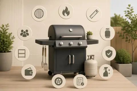 En klotgrill bäst i test, omgiven av ikoner som symboliserar familj, matlagning, säkerhet och rengöring. Perfekt för sommarens grillfester!