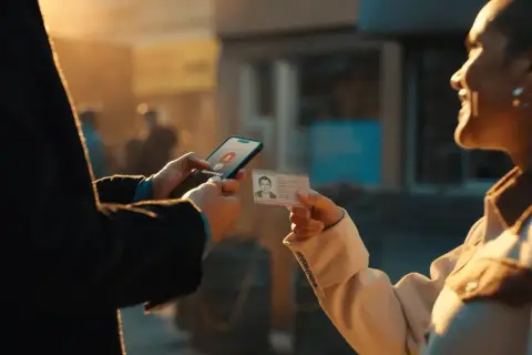 Osoba trzyma telefon z napisem "Approved" i kartę pobytu. Szybka pożyczka na kartę pobytu.