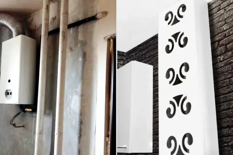 Estetyczna zabudowa pieca gazowego z białej szafki z ozdobnymi wycięciami, ukrywająca nieestetyczny sprzęt i rury.