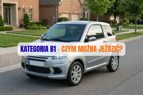 Srebrny, kompaktowy pojazd na tle domu. Napis: "KATEGORIA B1 - CZYM MOŻNA JEŹDZIĆ?".