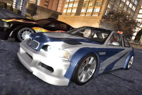 BMW M3 i Mustang z płomieniami, gotowe do wyścigu w NFS Most Wanted Redux.