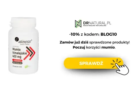 Biała butelka suplementu diety Aliness Mumio himalajskie 400 mg. Poczuj korzyści mumio!