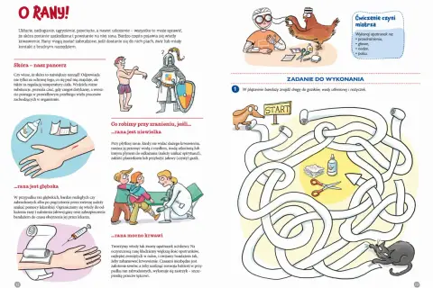 Ilustracje pokazują, jak udzielić pierwszej pomocy dzieciom przy ranach. Materiały do nauki pierwszej pomocy dla dzieci.