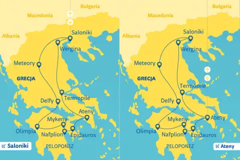 Mapa Grecji z zaznaczoną trasą wycieczki objazdowej Grecja 10 dni: Saloniki, Meteory, Delfy, Ateny, Peloponez.
