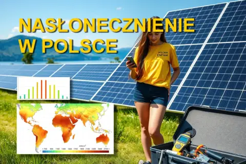 Kobieta w żółtej koszulce z napisem "Polska Energia" stoi obok paneli słonecznych. Na ekranie telefonu widnieje napis "Nasłonecznienie w Polsce". Obok mapy świata pokazującej nasłonecznienie.