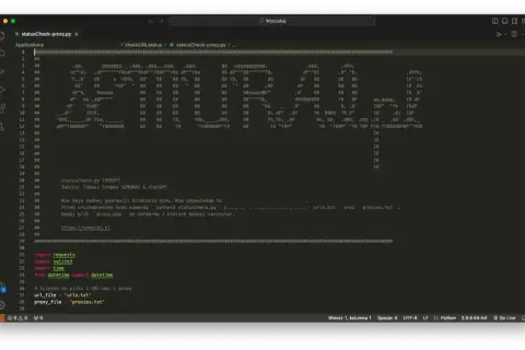Kod Pythona z komentarzami, importami i ścieżkami do plików `urls.txt` i `proxies.txt`. Pokazuje luźne powiązanie między modułami.