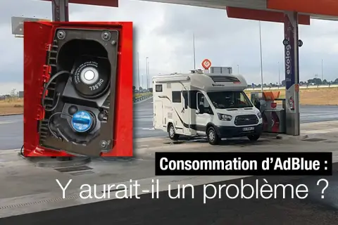 Un camping-car à une station-service, avec un gros plan sur le bouchon de remplissage d'AdBlue. La consommation d'AdBlue est-elle un problème ?