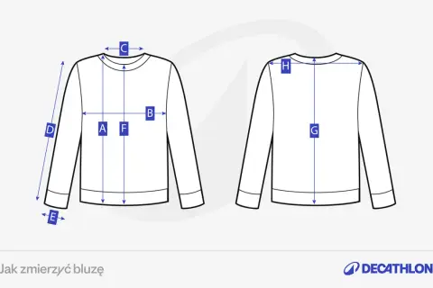 Schemat pokazuje, jak się mierzyć, aby dobrać idealną bluzę. Wymiary A, B, C, D, E, F, G, H pomogą Ci w tym.