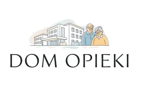 Ilustracja domu opieki z parą starszych ludzi i napisem "DOM OPIEKI".