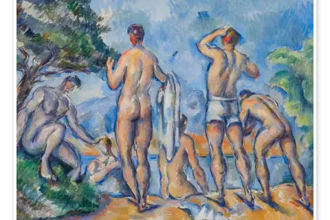 Die großen Badenden: Männerkörper in warmen Farben, teils nackt, teils in Badehosen, am Ufer eines Sees.