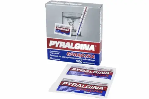 Opakowanie Pyralginy dla psa, 6 saszetek po 500 mg. Informacje o dawkowaniu na opakowaniu.