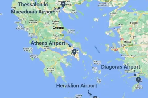 Mapa Grecji z zaznaczonymi lotniskami: Macedonia Airport, Athens Airport, Diagoras Airport, Heraklion Airport.