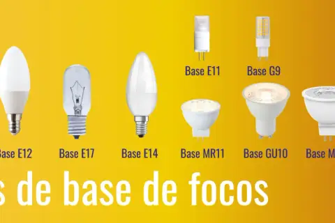 Variedad de focos con diferentes bases: E27, E12, E17, E14, E11, G9, MR11, GU10, MR16 y E39. Cada rosca bombilla es única.