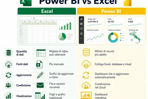 Confronto tra Excel e Power BI: gestione dati, grafici e dashboard interattive per analisi avanzate.