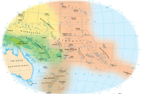 Mapa przedstawia kraje Oceanii, w tym Mikronezję, Polinezję i Melanezję, z zaznaczonymi wyspami i państwami.