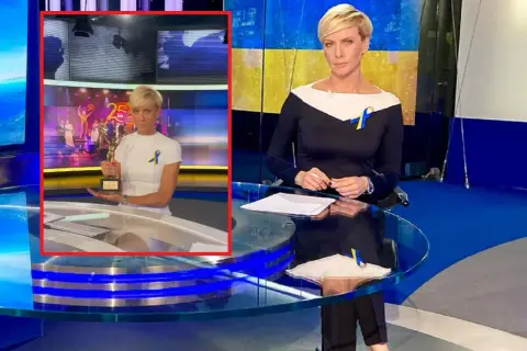 Dziennikarka TVN Fakty z nagrodą w studiu. W tle ekran z jubileuszem 25 lat.