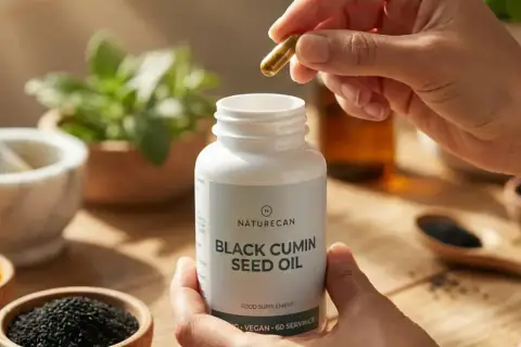 Manos sostienen una cápsula y un frasco de Naturecan Black Cumin Seed Oil, rodeados de ingredientes naturales como semillas de comino negro.