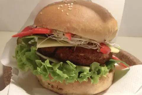 Pyszny burger z Krowarzywa Kraków: soczysty kotlet roślinny, świeża sałata, ser, pomidor i kiełki w miękkiej bułce.
