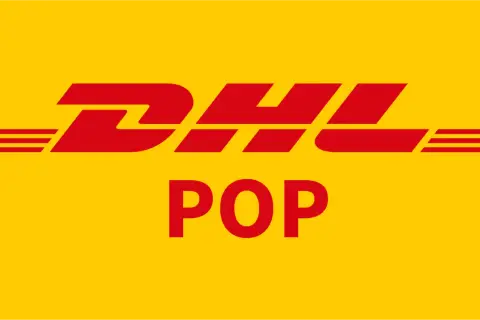 Logo DHL z napisem POP. Szybka dostawa z DHL pobranie.