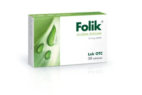 Opakowanie leku Folik z kwasem foliowym, 30 tabletek. Na zielonym tle krople wody.