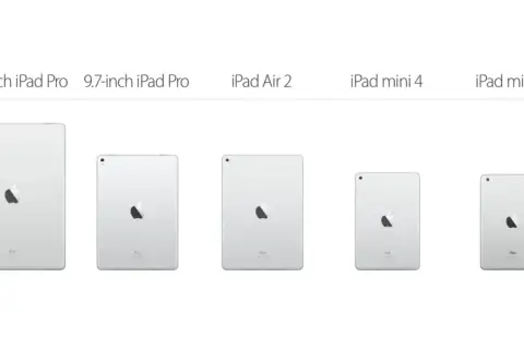 Pięć tabletów Apple od największego do najmniejszego: 12,9-calowy iPad Pro, 9,7-calowy iPad Pro, iPad Air 2, iPad mini 4 i iPad mini 2.