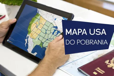 Osoba planuje podróż, przeglądając na tablecie mapę, która pokazuje, gdzie leżą Stany Zjednoczone. Obok leży paszport.