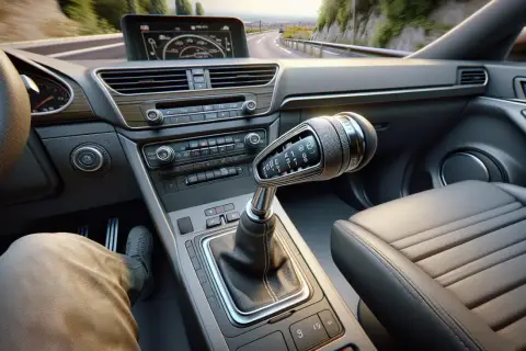 Vue de l'intérieur d'une voiture, le levier de vitesse est en position P, suggérant que le conducteur est sur le point de rouler avec le frein à main.