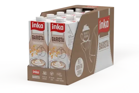 Kartony z mlekiem owsianym Inka Barista, idealne do spieniania, bez dodatku cukru.
