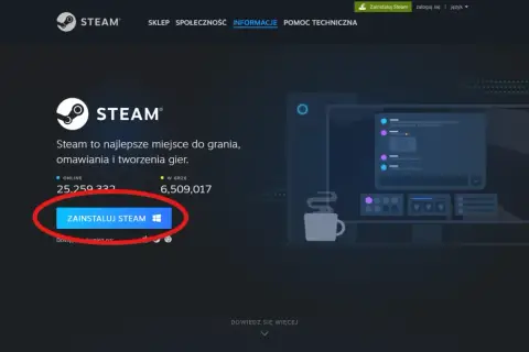 Przycisk "Zainstaluj Steam" na stronie głównej platformy, który pomoże Ci rozpocząć proces jak zainstalować Steam.