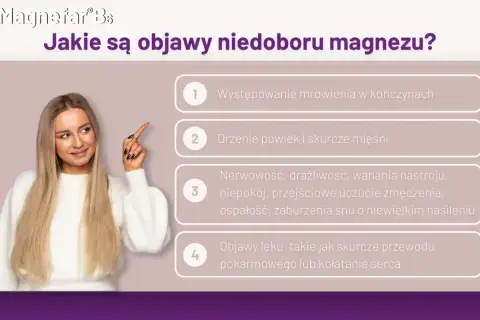 Kobieta wskazuje na objawy niedoboru magnezu: mrowienie, drżenie powiek, nerwowość, lęk.
